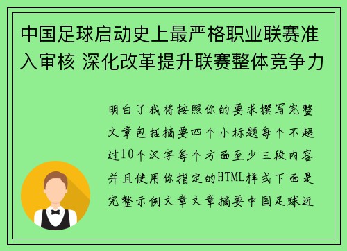 中国足球启动史上最严格职业联赛准入审核 深化改革提升联赛整体竞争力